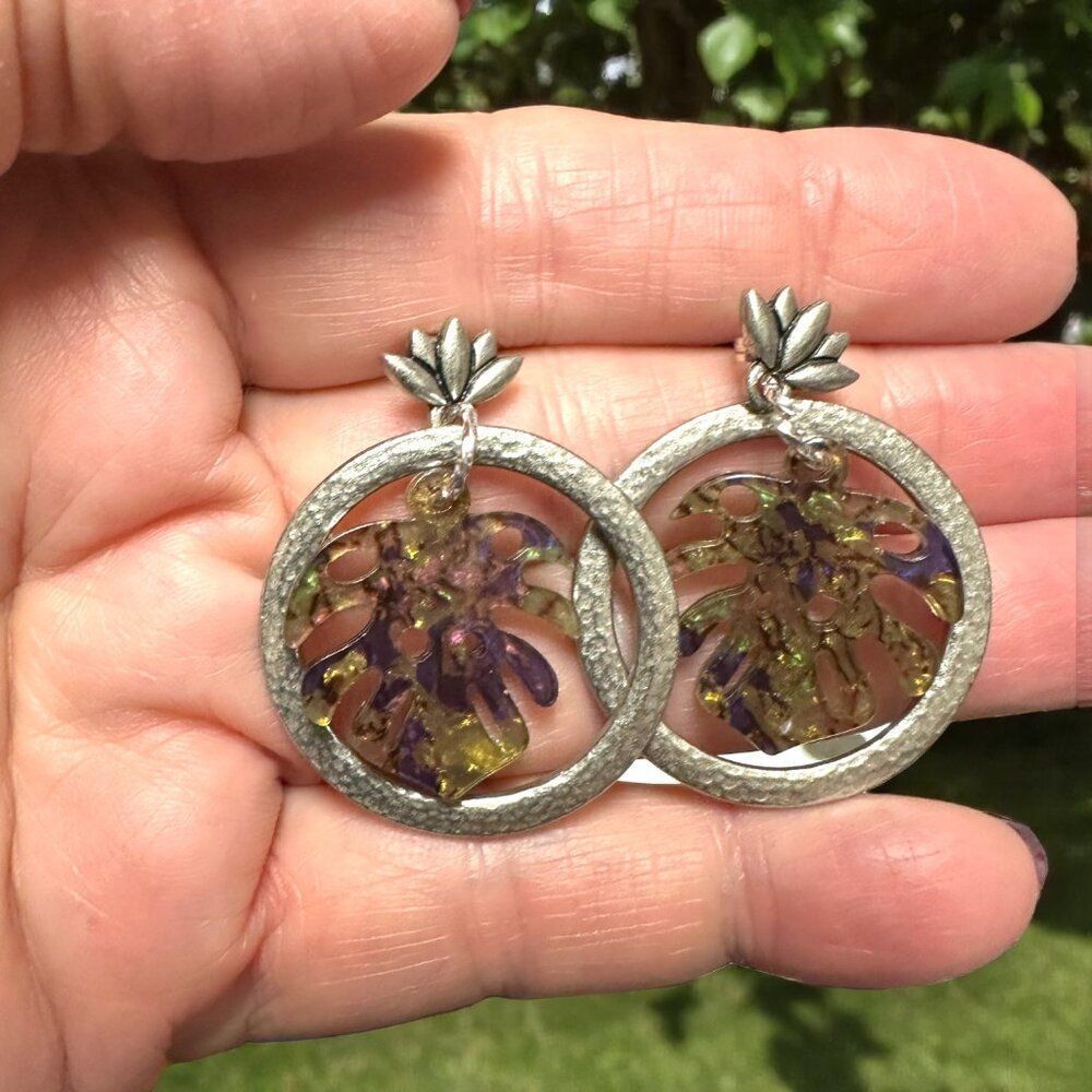 Monstera Leaf Hammertone Hoop Earrings | Lotus Studs | Stainless Posts